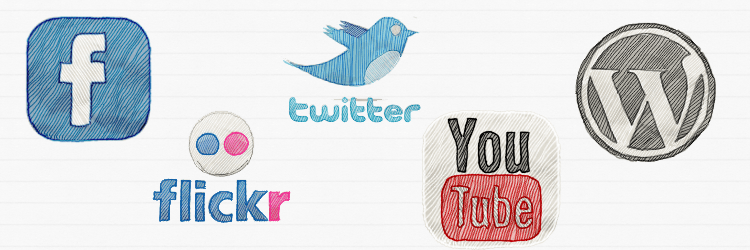 Logos von Facebook, flickr, twitter, youtube und wordpress